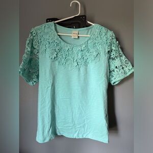 Women’s size large, mint green, Bedford Fair lace and cotton short sleeve top